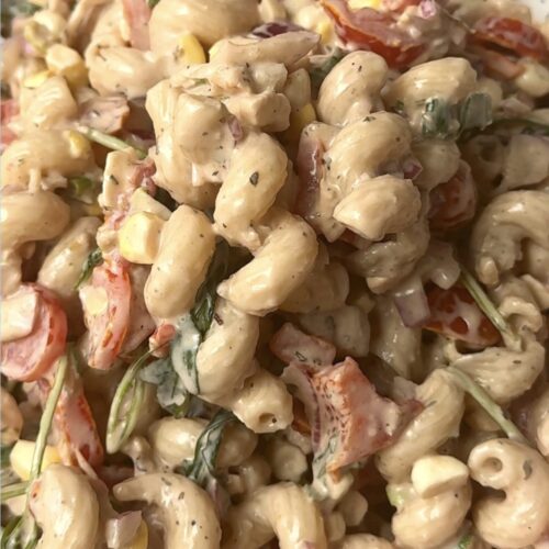 close up of a creamy balsamic pasta salad