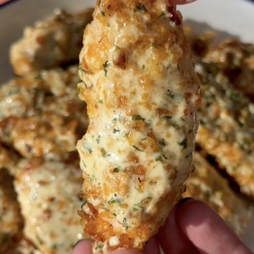 Close-up of crispy garlic parmesan boneless wings with golden breading